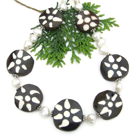 handmade dark brown batik bone flower tribal necklace white pearls sterling