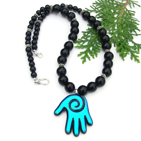 handmade dichroic glass healers hand jewelry black onyx Bali sterling silver