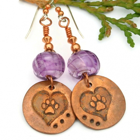 handmade dog lover earrings copper paw prints hearts purple lampwork