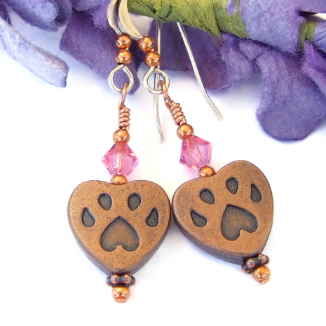 handmade dog lover earrings copper pink paw print jewelry