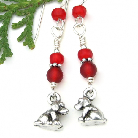 handmade dog lover earrings puppy silver red Czech glass