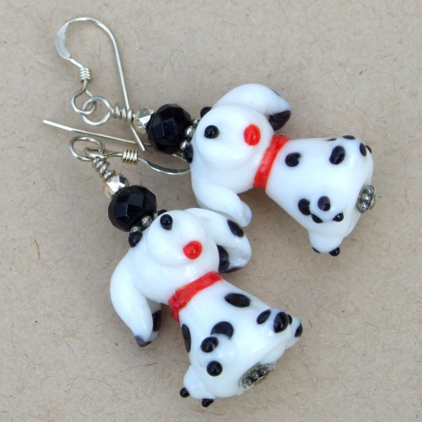handmade dog lover earrings spotted dogs lampwork white black red