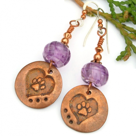 handmade dog lover jewelry copper paw prints hearts purple lampwork