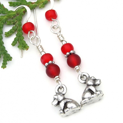 handmade dog lover jewelry puppy silver red Czech glass