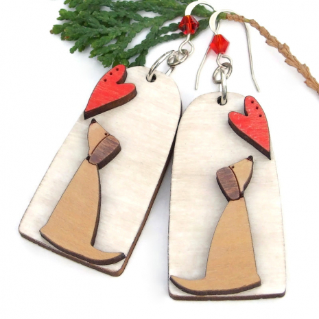 The lightweight dogs and hearts dangles were individually artisan handmade from laser cut and hand painted wood. handmade dog lover jewelry red hearts dogs wood gift for her