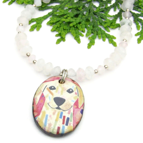 handmade dog lover necklace colorful pendant pink rose quartz gemstones