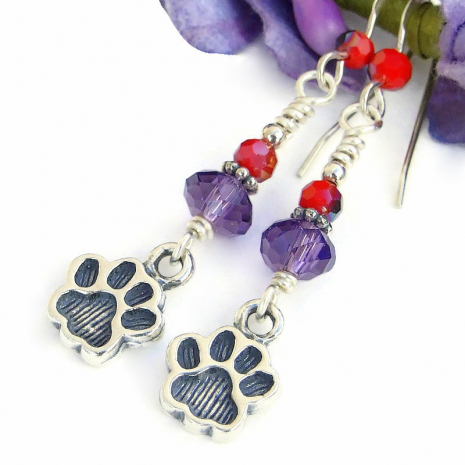handmade dog lover paw print earrings purple red