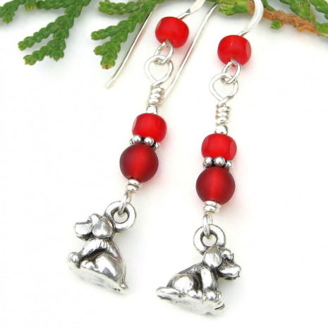 handmade dog lover puppy earrings silver red Czech glass jewelry gift