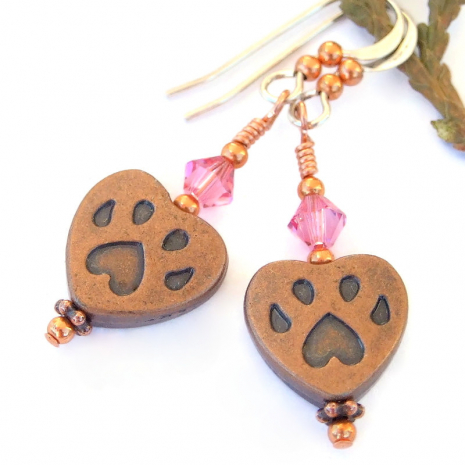 handmade dog paw print earrings copper pink jewelry gift