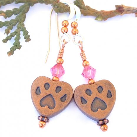 handmade dog paw print jewelry copper pink earrings gift