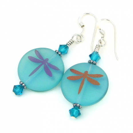 handmade dragonfly earrings aqua blue opaline laser etched crystals