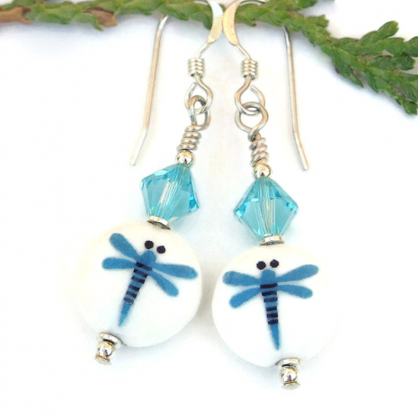 handmade dragonfly earrings ceramic blue white dragonflies