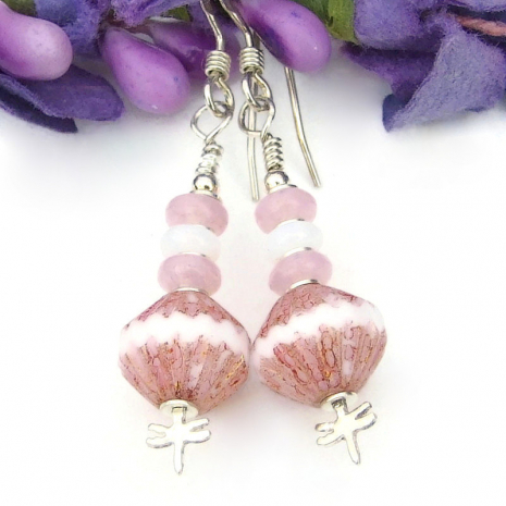handmade dragonfly earrings czech glass pink white silver