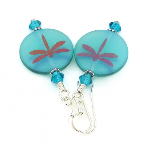 handmade dragonfly jewelry aqua blue opaline laser etched crystals