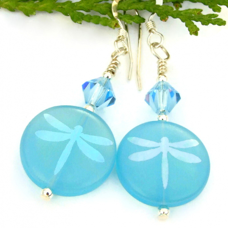handmade dragonfly jewelry sky blue aquamarine crystals laser etched