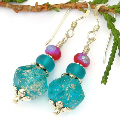 handmade earrings aqua silver red czech glass