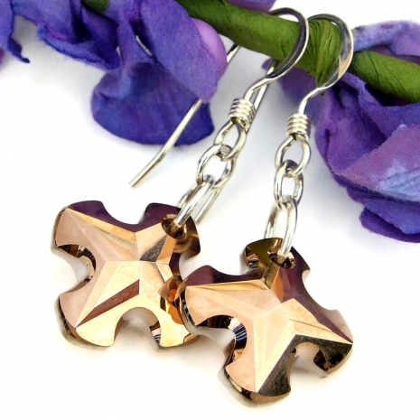 handmade earrings copper rose Swarovski crystal greek crosses