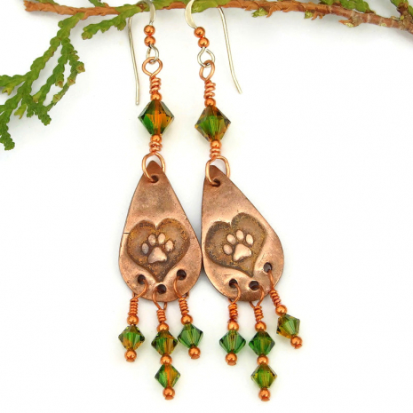 handmade earrings dog paw print heart copper swarovski crystals