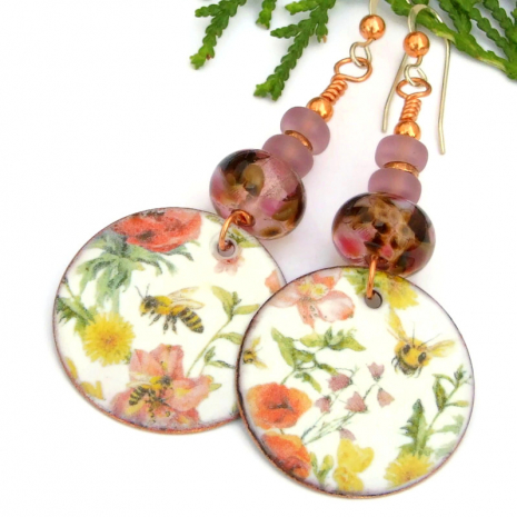 handmade earrings honey bees flowers lampwork