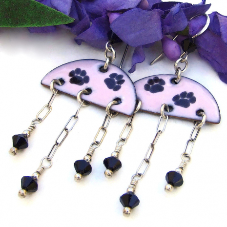 handmade earrings paw print half circle pink black enamel