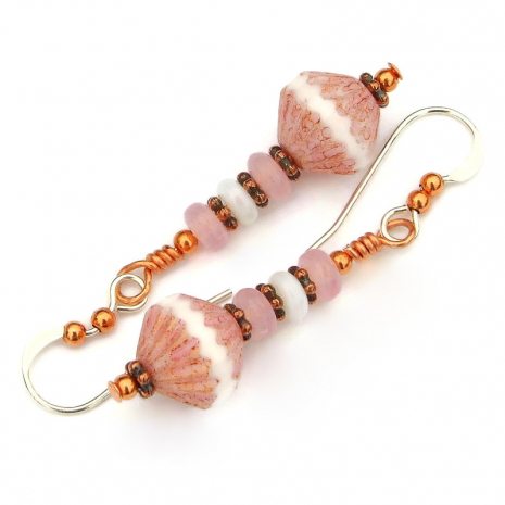 handmade earrings pink white czech glass