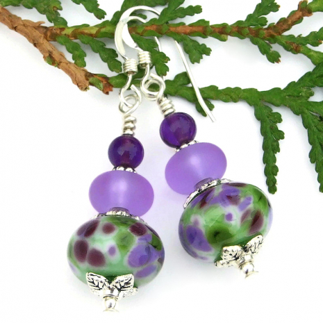 handmade earrings purple lilac green lampwork amethyst