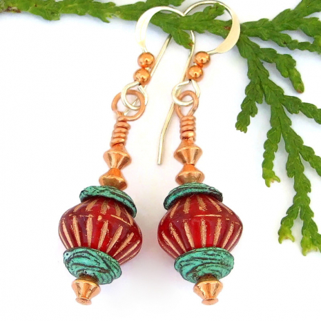 handmade earrings ruby red turquoise copper
