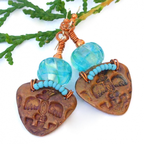 handmade earrings thunderbird phoenix jewelry aqua lampwork copper