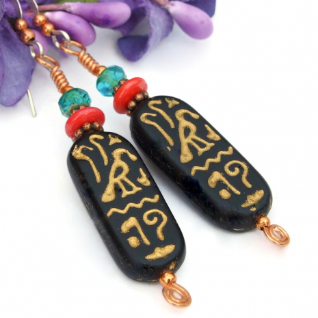 handmade egyptian hieroglyph cartouche jewelry black gold red aqua