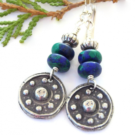 handmade eightfold path earrings buddhist symbols azurite malachite jewelry