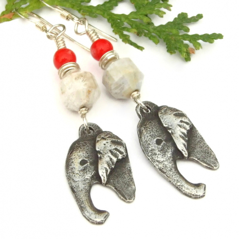 handmade elephant head jewelry fossil jasper red coral