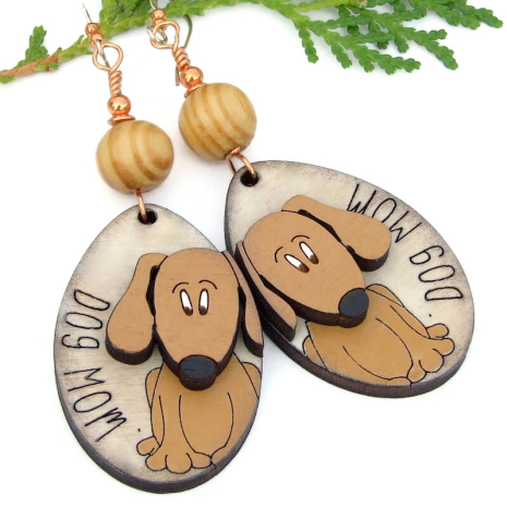 handmade etched dog mom wooden earrings brown dogs lightweight laser cut