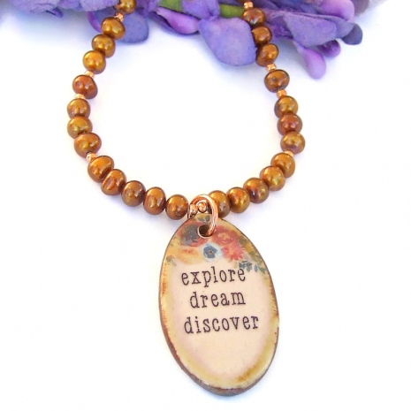 handmade explore dream discover jewelry ceramic copper pearls inspirational