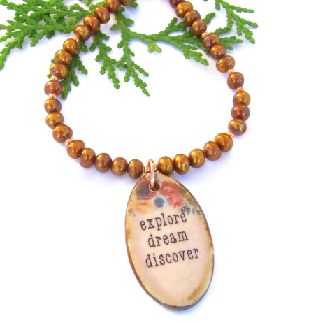 handmade explore dream discover necklace ceramic copper pearls inspirational