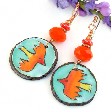 handmade firebird birds earrings orange red yellow turquoise rustic bird lover