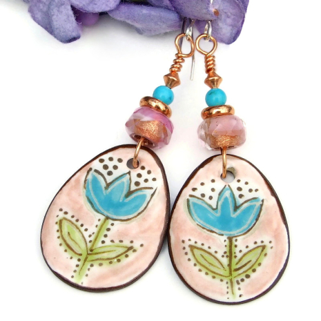 handmade flower boho earrings ceramic hand painted blue tulips pink green