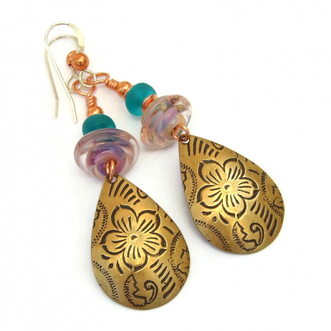 handmade flower earrings antiqued brass purple pink aqua