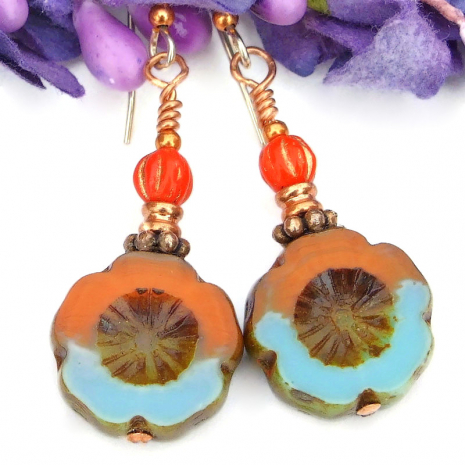 handmade flower earrings orange blue copper