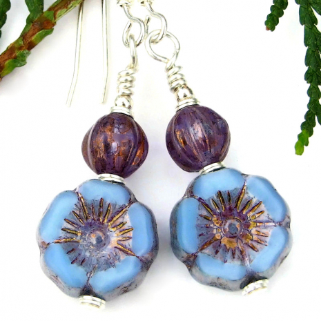 handmade flower earrings pansy pansies blue purple