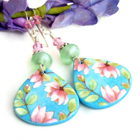 handmade flower earrings pink magnolias aqua blue green