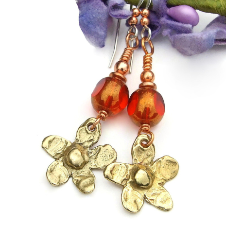 handmade flower floral dangle earrings gold bronze orange