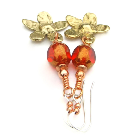 handmade flower floral dangle jewelry gold bronze orange