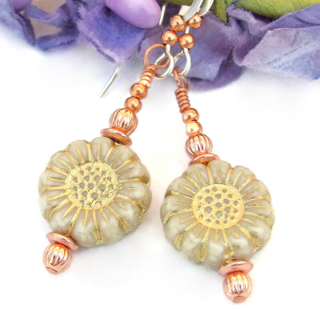 handmade flower ivory sunflower earrings copper