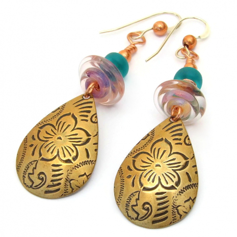 handmade flower jewelry antiqued brass purple pink aqua
