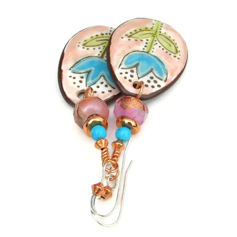 handmade flower jewelry ceramic hand painted blue tulips pink green