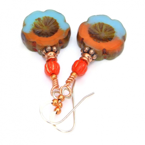 handmade flower jewelry orange blue copper