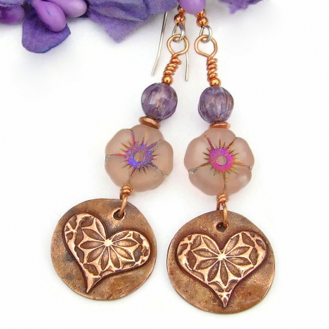 handmade flower lover hearts boho earrings copper Czech glass