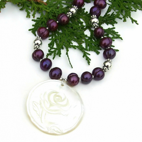 handmade flower necklace with mother of pearl and purple pearls