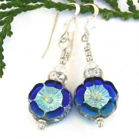 handmade flower pansy jewelry blue aurora borealis swarovski crystals floral