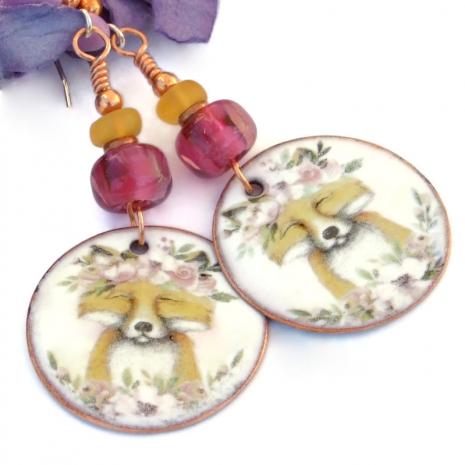 handmade fox flowers earrings white pink amber
